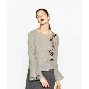 Zara Grey Embroidered Floral Print Flare Sleeves Open Back XS #715